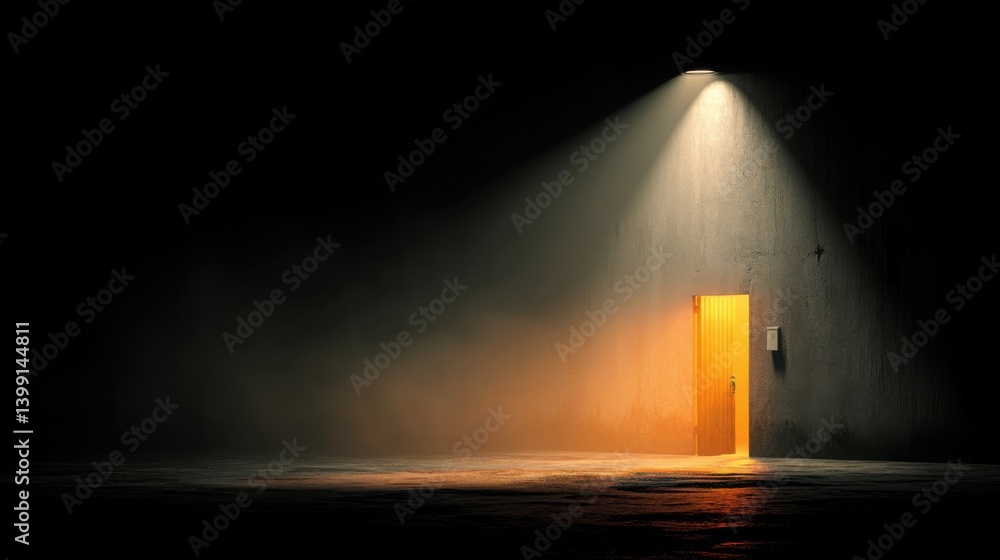 Poster a door in a dark room floating above the ground with a soft glow creating a mysterious and enigmatic