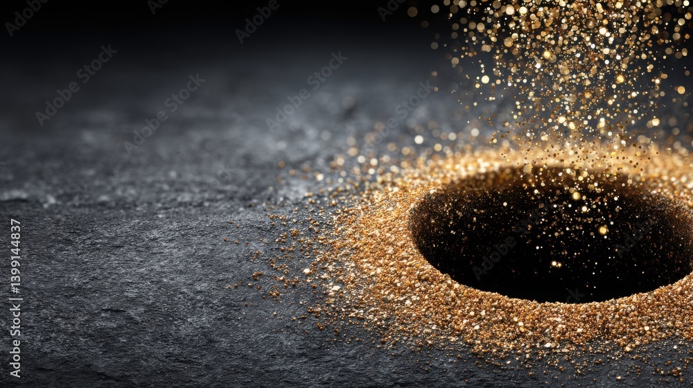Poster a hole in the ground with gold dust shimmering upward creating a magical and enchanting visual exper