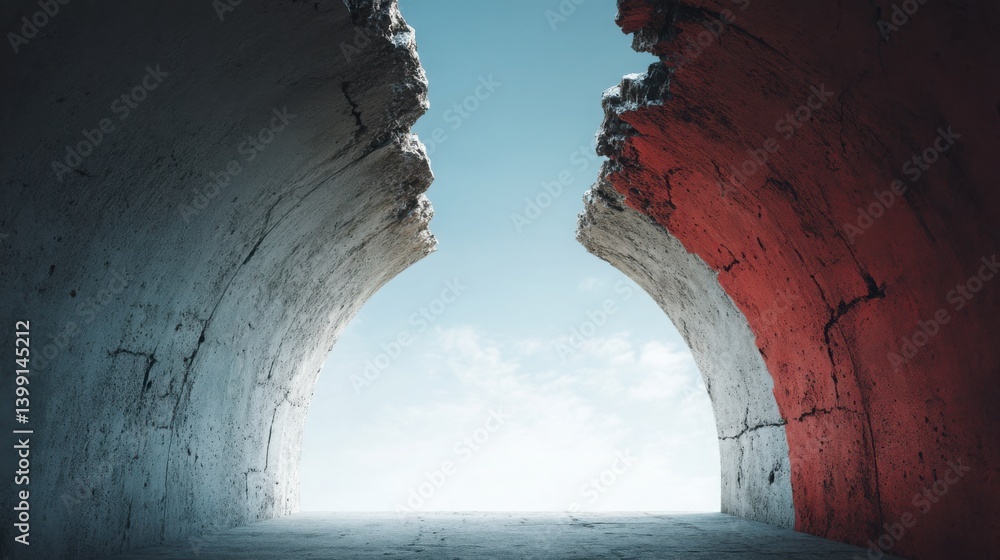 Poster mesmerizing red and white tunnel evoking a sense of motion and depth with an abstract cracking effec