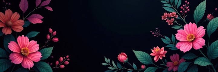 Obraz premium Vector flowers and leaves on black background with subtle gradient effect, vector, background