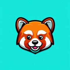 Cartoon illustration of a red panda face with bright orange fur and white patches against a turquoise background