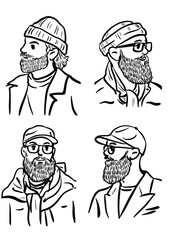 Hipster Style Illustration Collection: A unique collection of illustrated hipster-style men with beards and various headwear, expressing diverse characters and fashion statements.