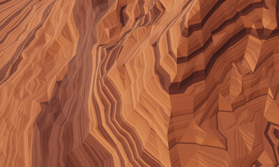 3D low polygon brown stone mountain. Top view of sedimentary rock terrain.