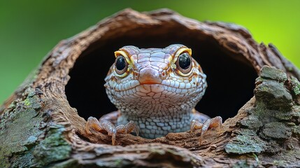 Magnificent Lizard in its Wooden Haven: A Close-Up Portrait