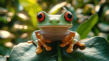 Fototapeta premium Red-eyed Tree Frog on a Leaf in Lush Rainforest