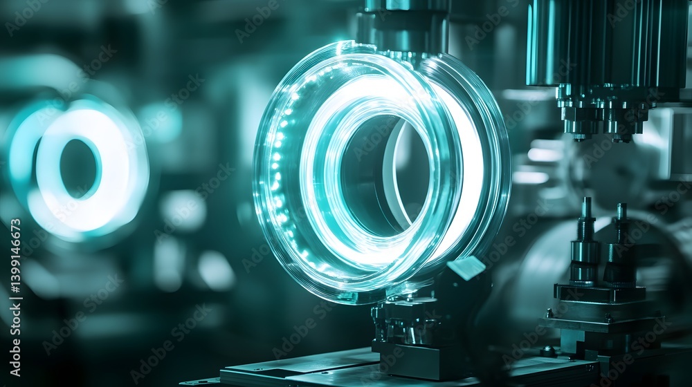 Poster a machine with a glowing circle on it. the circle is surrounded by a green light. the machine is in 