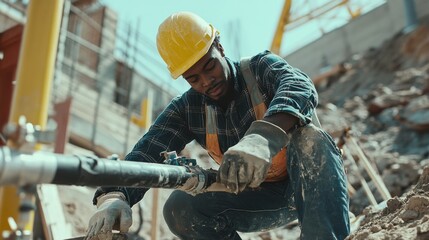 A construction site worker installing a pipe for plumbing systems. Featuring plumbing installation and system setup