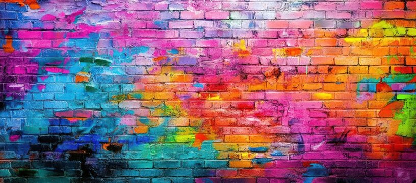 Vibrant graffiti art on a brick wall, showcasing urban street style and hip-hop culture with a colorful palette of pink, orange, blue, purple, green, and yellow. High resolution and detailed.