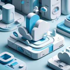 3D isometric illustration of cloud storage concept, blue and white tones, tech-style icons, floating elements, minimalistic design, no text, clean shadows, high resolution, Adobe Stock optimized