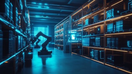 Futuristic automated warehouse with robotic arms.  Shelves are lined with digital displays