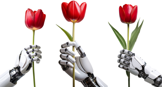 Futuristic robotic hands holding red tulips, symbolizing nature meets innovation.