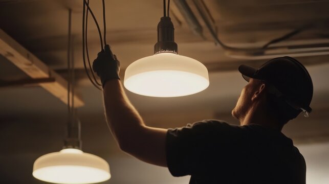 A construction site worker installing ceiling lights in a new building. Featuring lighting design and detail