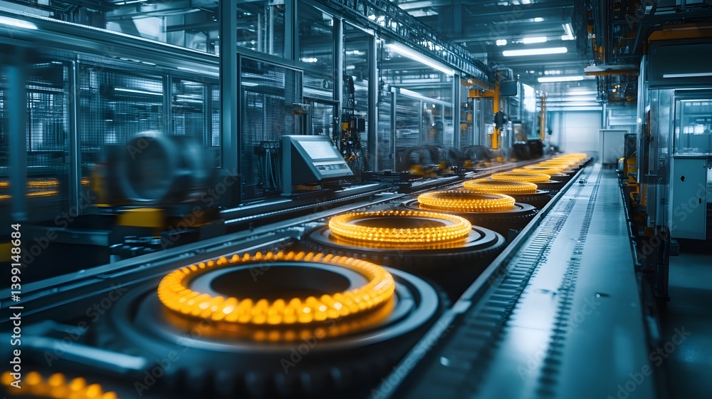 Poster a factory with a conveyor belt of yellow objects. the conveyor belt is moving and the objects are gl