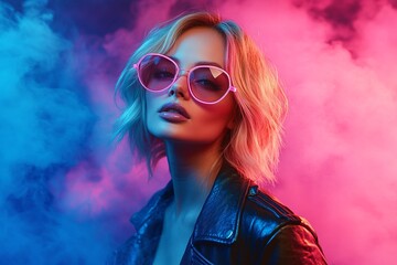 Stylish blonde woman in a leather jacket poses against a vibrant pink and blue smoky backdrop, wearing trendy sunglasses. Edgy and chic.