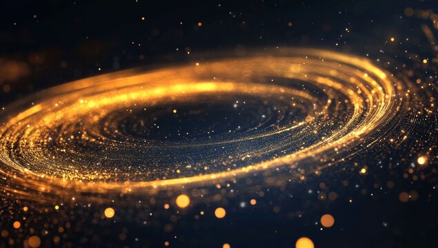 Golden spiral swirling in a dark cosmic background.  A mesmerizing display of swirling golden particles against a deep night sky.  