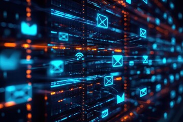 A digital network with glowing blue email icons and orange lines showing data transfer activity