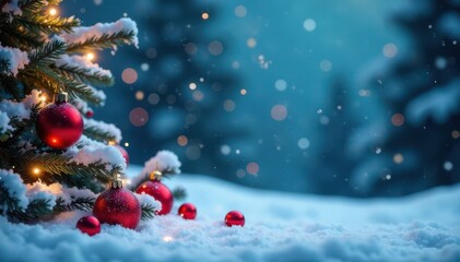 Winter wonderland scene with snowflakes falling on a festive holiday background, Christmas tree, evergreen