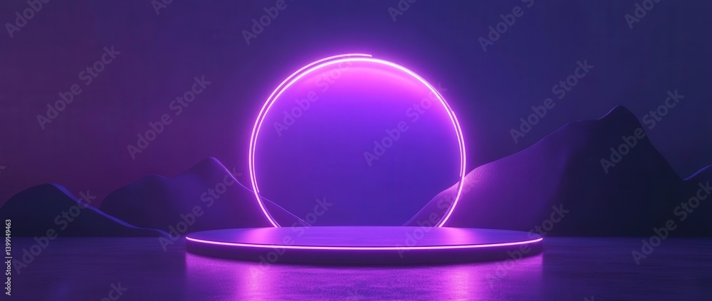 Poster 3d render of a purple neon light background featuring an empty podium for product display. abstract 