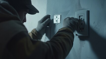 A construction site worker installing electrical outlets and switches. Featuring attention to detail and electrical knowledge