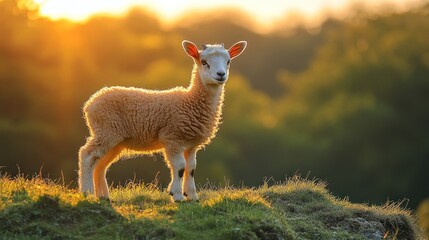 Golden Hour Lamb: A Young Sheep Basking in the Sunset's Glow