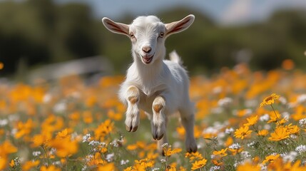 Naklejka premium Joyful Kid Goat Leaping Through a Field of Blossoms