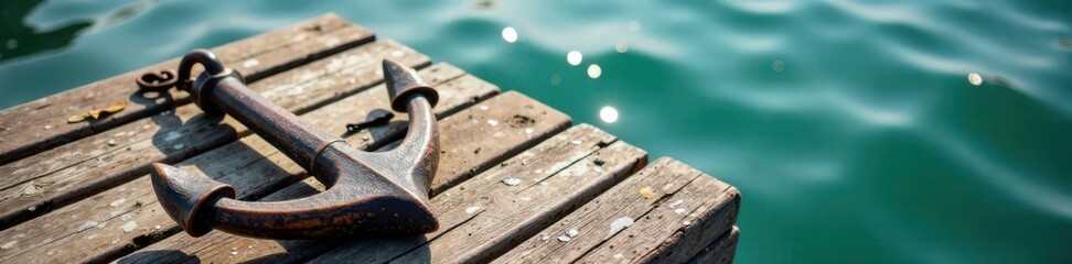 Wooden sailing ship anchor on old worn wooden dock, monochrome, wooden