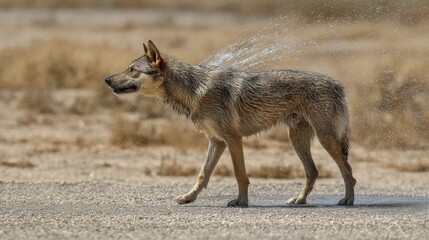 Fototapeta premium A wet Husky shaking itself after a swim, water droplets flying - droplets energy playful
