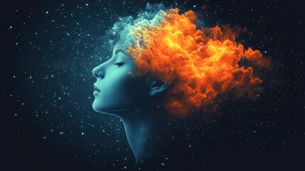 Woman's profile, fiery head, celestial background, artistic portrait
