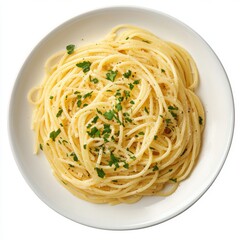 A top view of a plate of spaghetti aglio e olio with parsley, isolated on a white background 