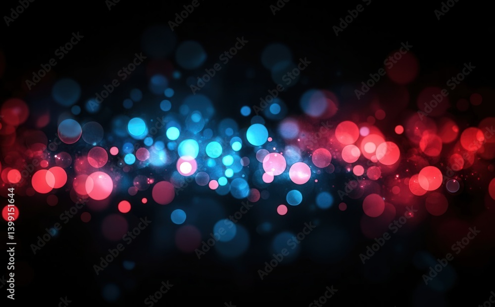 Poster abstract blurred background featuring bokeh lights in red and blue hues. shiny, glowing particles cr