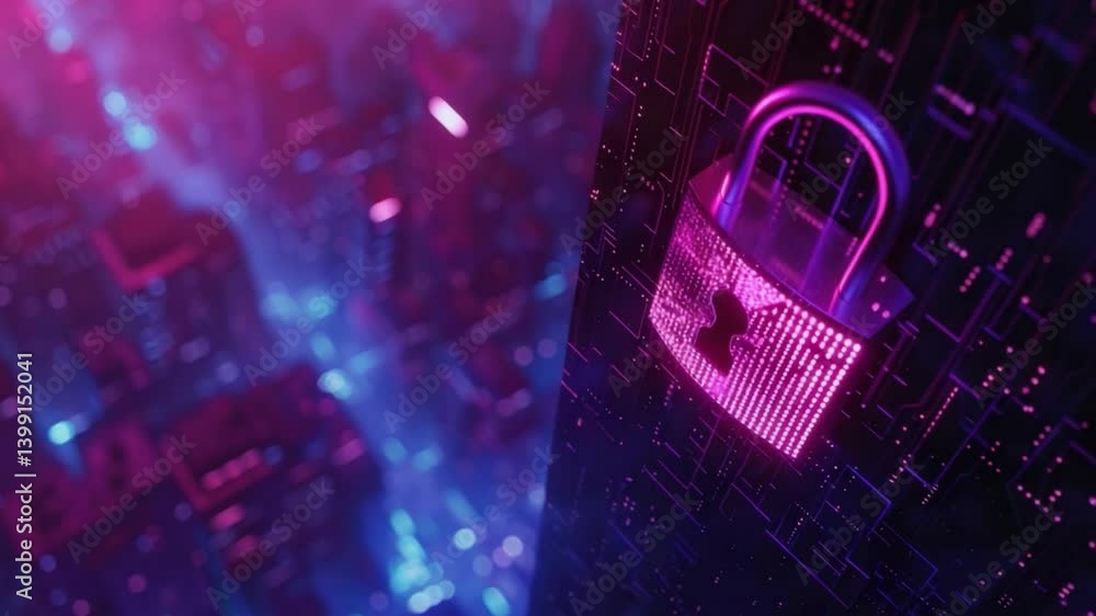 Aufkleber digital padlock symbol of cybersecurity and data protection in futuristic cityscape with neon colors