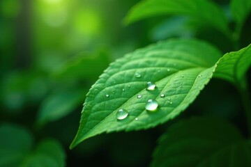 Water droplets glistening on a leaf in a lush green forest environment, leaves, shiny