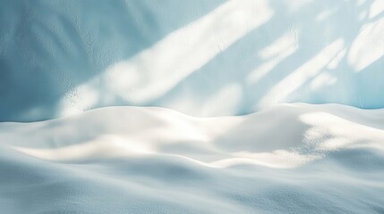 Abstract winter background featuring snow, sunlight rays, and wall shadows, ideal for product presentations and winter-themed concepts.