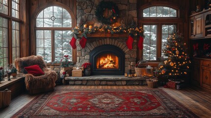 Fototapeta premium Cozy cabin fireplace with Christmas decor, snowy view