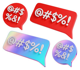 Speech bubble grawlix signs set. Red and holographic censure dialog clouds. 3D rendering.