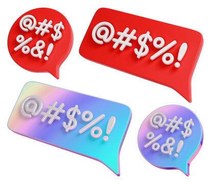 Speech bubble grawlix signs set. Red and holographic censure dialog clouds. 3D rendering.