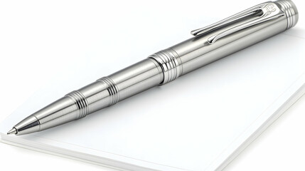 Silver pen rests on notepad; white background; writing, note-taking concept; ideal for office supplies ads