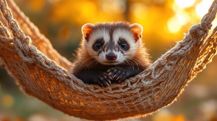 Fototapeta premium Adorable Ferret Relaxing in Hammock at Golden Hour