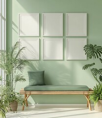 Stylish Green Living Space with Blank Frames and Lush Plants for Home Decor Inspiration
