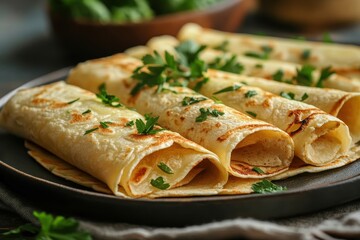Rolled crepes garnished with parsley on a dark plate sitting on a gray cloth in a soft light setting