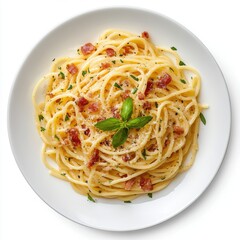 A top view of a plate of spaghetti carbonara with pancetta, isolated on a white background