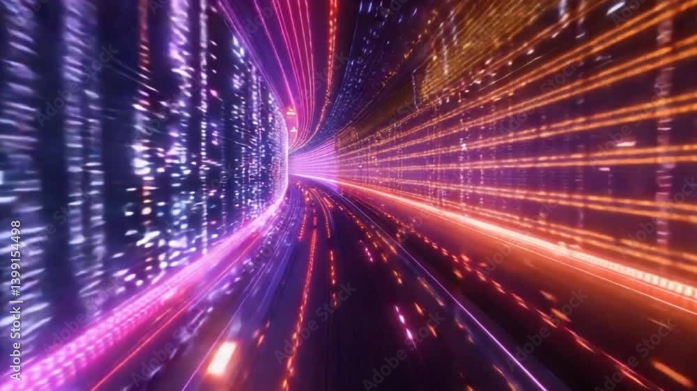 Poster vibrant abstract light trails and digital patterns create dynamic motion through futuristic tunnel o