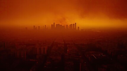 Apocalyptic Cityscape: A Sun-Drenched Metropolis Under a Haze of Orange
