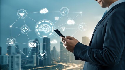 Smart City Concept with AI and Cloud Computing Symbols over Urban Skyline