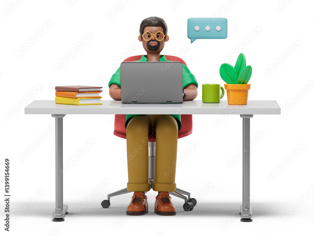 Poster a man sits at a desk with a laptop, surrounded by books, symbolizing a comfortable and personalized 