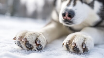 A close-up of an Alaskan Siberian Husky's striking blue eyes and thick fur - Strong Blue Background