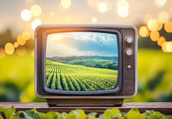 Vintage Television Displaying Picturesque View of Lush Green Vineyard Landscape