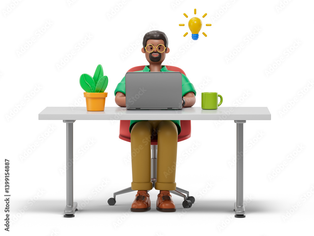 Poster a man sits at a desk with a laptop,symbolizing a comfortable and productive work environment. 3d ren