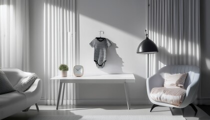 A crisp white children’s room with soft gray accents. A sleek white table with a black metal 