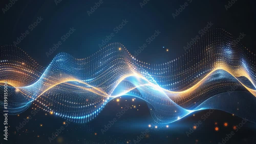 Poster dynamic wave pattern glowing lines in abstract design of digital art and light, featuring vibrant bl